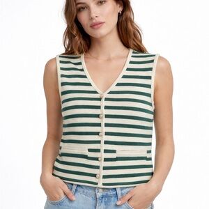 BAILEY/44 green and cream striped button-down sweater vest with pearl accents